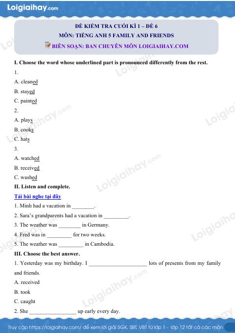 Đề thi học kì 1 Tiếng Anh 5 Family and Friends - Đề số 6